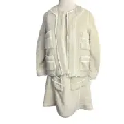 ANNA SUI tweed cream knit Dress Jacket Size 8 Two Piece Set Silk Trim NEW