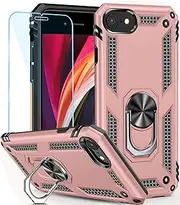 SunStory for iPhone SE 2022 Case, iPhone SE 2020/8/7 Case with HD Screen Protector & Magnetic Ring Kickstand,[Military Grade] Cover for iPhone SE 2022/SE 2020/8 /7 Phone (Rose Gold)