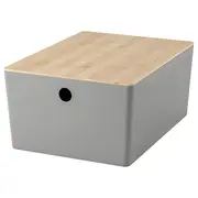 KUGGIS box with lid, light grey/bamboo, 26x35x15 cm
