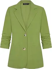[LADI TREND] Womens 3/4 Ruched Sleeve Cotton Linen Blazer Lightweight Summer Outerwear Elegant Jackets Suits with Buttons Pockets