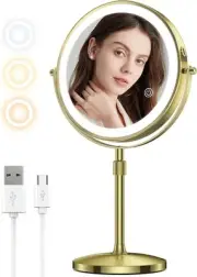 8 Inch Makeup Mirror with 10X Magnification & 3 Color Lights, Adjustable