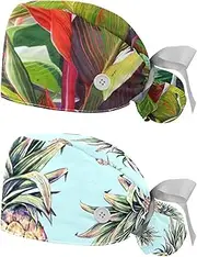 [WOSHJIUK] Working Hat 2 Pack Scrub Caps for Women,Tropical Plant Art Painting,Tie Back Cap Adjustable Scrub Hat