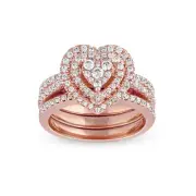 10K Rose Gold 1Ct Diamond Heart Shape Cluster Double Halo Engagement Ring Set