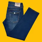 True Religion Mens Size 36x32 Geno Big T Flap Relaxed Slim Jeans Blue Denim