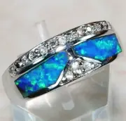 Australian Opal Inlay & White Topaz 925 Solid Sterling Silver Ring Sz 6 TD3