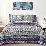 WONGS BEDDING Boho Quilt Set King Size, Purple Bohemian 3 Pieces Quilt Sets, Lightweight Bedspread Coverlet Bedding Set for All Season (103"x90")