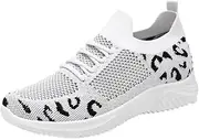 [Hhhchpm] Women's Casual Sports Shoes, Flying Woven Leopard Print Breathable Lace-up Running Shoes, Comfortable Platform Shoes