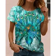 Women's T Shirt Ombre Graphic Feather Casual Short Sleeve Round Neck Regular Tops Daily Going out Weekend Print Grass Green Sage Green White Yellow Dark Green