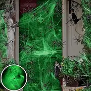 Halloween Glow in The Dark Spider Web with Extra Fake Spiders Halloween Outdoor Luminous Decorations for Indoor and Garden Haunted House Party Supplies