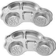 2 Pcs Kids Plates, 304 Stainless Steel Kids Plates with 5 Compartments, Car Shape Meal Plate, Reusable Dinner Plates, Multipurpose Serving Platter Portable Toddler Plates for Camping Picnic School