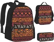 [ERCgad] African Mud Cloth Tribal Print Canvas 3-In-1 School Bags Set Backpack Lunch Bag Pencil Case Combo For Men Women, Black, One Size
