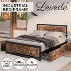 Levede Queen Bed Frame Industrial Mattress Base Wooden 4 Storage Drawers