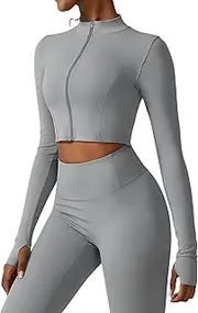 [Yknktstc] Womens Full Zip Athletic Jacket with Thumbhole Long Sleeve Crop Top Running Workout Yoga Sportswear Shirt