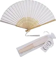 50 Sets Imitated Silk Hand Fan with Tassel and Gift Bags and Thank You Gift tag Fabric Folding Hand Fans Bamboo Folded Handheld Fan Wedding Fan Bridal Dancing Props Party Favors (White)