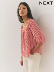 Red/White Stripe Volume Half Sleeve Jersey 100% Cotton Blouse (AJ0001) | $49