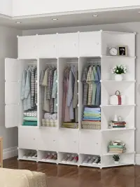在飛比找松果購物優惠-簡易衣櫥組裝塑料布藝單人小臥室家用布衣櫥仿實木收納櫃子 (4