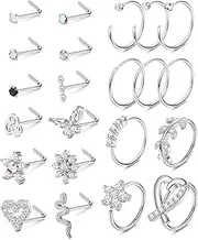 [Kakonia] 22Pcs 20G Nose Ring Stud for Women Men Stainless Steel Paved CZ Round Star Nose Stud L Shape Flower Open Hoop 8mm Silver Nostril Conch Cartilage Daith Piercing Jewellery Set
