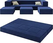 Vivaadecor 80'' Folding Bed Couch, Foam Floor Sofa with 3Ottomans& Washable Velvet Cover,Modular Sectional Sofa Futon Sleeper Convertible Memory Mattress for Guest/Living Room/Playroom,Queen,Blue