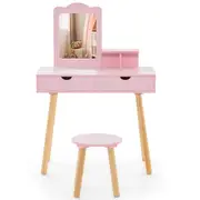 Babyjoy 2-in-1 Kids Vanity Set Wooden Makeup Table & Stool w/Mirror & Drawers Princess Dressing Desk Pink