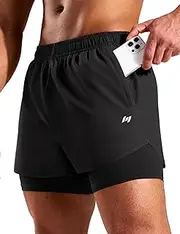 [MIER] Mens 2-in-1 Running Shorts 5 Inch Quick Dry Gym Workout Athletic Training Shorts with Compression Liner,3 Zipper Pockets