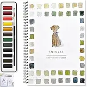 Watercolor workbook suitable for beginners, 12 color watercolor brush set, children adult teenager watercolor book, art sketch book with step-by-step instructions (animals)