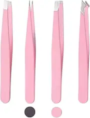 Set of 4 eyebrow tweezers, flat, slanted, pointed and hooked 4 tweezers for eyebrow trimming, professional stainless steel tweezers for eyebrow trimming, blackhead trimming, beard trimming and more