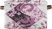Dragon Flowers Yin Yang Painting Pink Fabric Storage Boxes with Handle, Collapsible School Organizer Storage