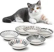Small Ceramic Cat Food Bowl - Wide Shallow Cat Bowl with Non-Slip Mat - Whisker Friendly Cat Feeding Bowls - Japanese Style Cute Cat Dish - Cat Plates - Dishwasher Safe - Set of 6-8.5 oz - 5.75 inch