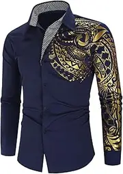[Maiyifu-GJ] Men's Print Button Down Dress Shirt Shiny Golden Printed Long Sleeves Shirts Casual Slim Floral Nightclub Costume