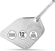 [TKC] Perforated Pizza Peel 12 Inch - Long Handle Perforated Aluminum Pizza Paddle - Lightweight Pizza Turning Peel Spatula - Compatible with all Ooni Pizza Ovens - 26 Inch Overall Length (Silver/Gray)