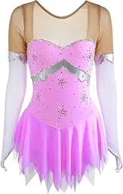 [Zagitova] Girls' Figure Skating Dress for Competition, Long Sleeve Breathable Mesh Ice Skating Dresses for Stage Performance