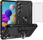 Phone Case for Samsung Galaxy A15 5G/4G with Tempered Glass Screen Protector and Stand Ring Holder Hard Shockproof Magnetic Metal Heavy Duty Cell Accessories A 15 G5 15A Women Men Black