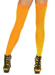 Plain Top Neon Orange Fishnet Thigh High Stockings