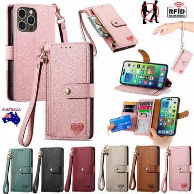 For iPhone 16e 16 15 14 13 12 11 Pro Max RFID Zip Leather Wallet Case Flip Cover