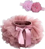 [Thupmuk] Baby Girls Soft Fluffy Tutu Skirt with Diaper Cover Girl Tutu Skirt Sets Flower Headband Toddler Ruffle Tulle Bloomers