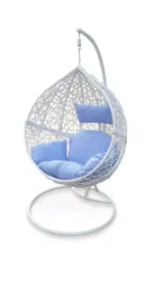 Outdoor Swing Hanging Egg/ Pod Chair - White Wicker w Blue Cushions