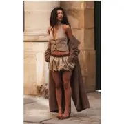 Brown Check Woven Tailored Puff Ball Waistband Skirt, Brown