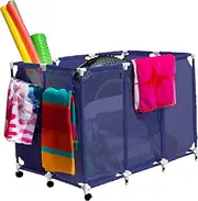 Pool Bins Pool Noodles Holder, Toys, Floats, Balls and Floats Equipment Mesh Rolling Storage Organizer Bin, Extra Large (30.2" L x 47.2" W x 34" H), Blue/White