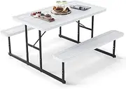 Costway Picnic Table Bench Set for 2-4 People, Outdoor Rectangular Camping Dining Table & 2 Benches w/Umbrella Hole, All-Weather HDPE Tabletop, Heavy-Duty Metal Frame (White+Black)