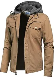 [Pursky] Men's Canvas Cotton Military Casual Field Jacket Outerwear With Removable Hood