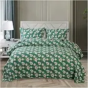 3 Pieces Floral Quilt Sets Queen Size Green Floral Pattern Quilt Sets Soft Bedspread Queen Bedding Set for All-Season 90x98 with 2 Pillow Shams 20x28