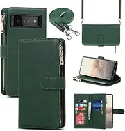 Cavor for Google Pixel 6 Case 6.4 inch PU Leather Folio Flip Wallet Back Cover Magnetic Case with Long Shoulder Lanyard Zipper Coin Purse 9 Card Holder Kickstand Wristlet Strap-Green