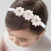 White Flower Lace Elastic Headband for Baby Girls Floral Baptism Christening Toddler Hairband Infant Flower Pearl Birthday Party Hair Accessory for Newborn Girl (White)