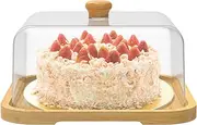Cake Stand with Acrylic Dome Lid, Rotating Wood Cake Holder, 2 in 1 Dessert Table Display Set, Round Shatterproof Cake Plate, Multifunctional Decorative Cake Display Tray for Veggie Fruit Chips