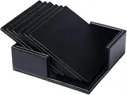 Leather Coasters Set of 6 with Holder,Cup Mat Pad for Home and Kitchen Use (Square Black)