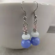 BLUE LACE AGATE White Pink Dangle Earrings Silver Tone Artisan Gift For Her