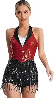 [Linjinx] Women's Shiny Sequins Fringe Jumpsuit Halter Tassel Leotard Tuxedo Bodysuit Latin Jazz Ballroom Costume