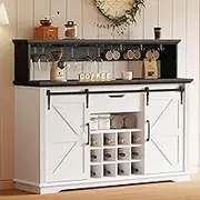 Farmhouse Coffee Bar Cabinet with Sliding Barn Doors and LED Lights, Wine Bar Cabinet with Wine and Glass Rack, Buffet Cabinet with Storage for Dining Room, White/Black