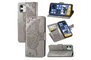 For iPhone 12 mini Case, Butterflies Love Folio PU Leather Case, Card Slot, Wallet, Lanyard, Gray