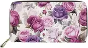 [Snilety] Fashion Women Zip Around Long Wallet PU Phone Clutch Travel Card Holder Purse, Purple Rose Graphic